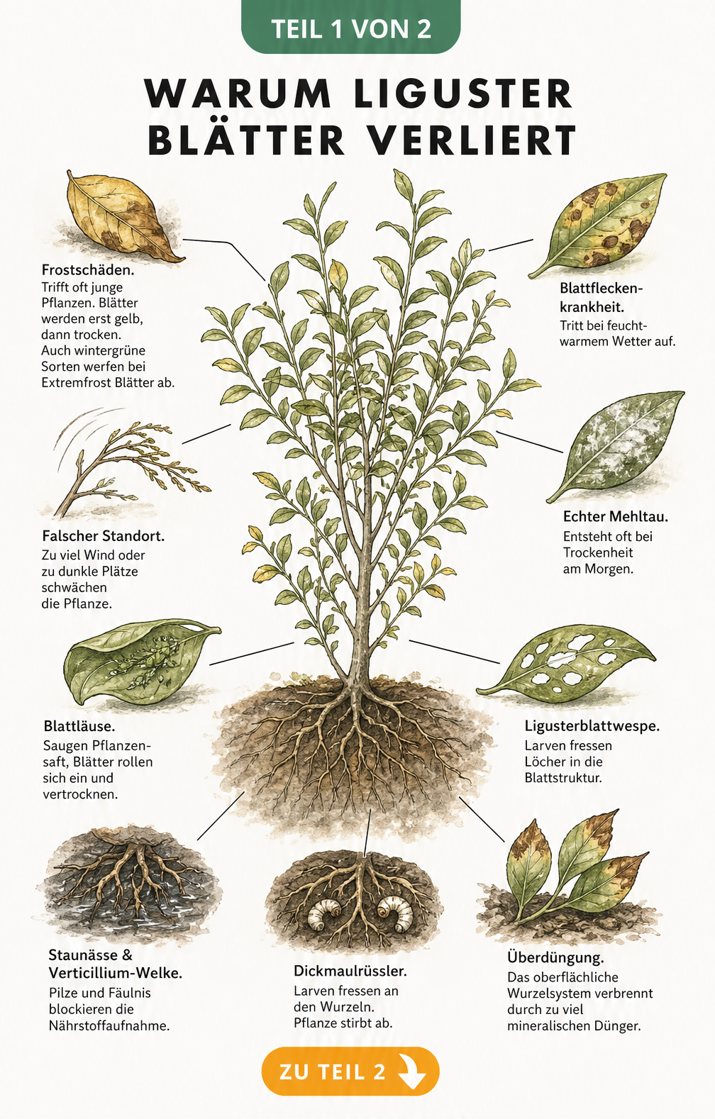 Botanische Illustration eines Ligusterzweigs mit Schadbildern wie Frostschäden, Blattfleckenkrankheit, Blattläusen und Staunässe