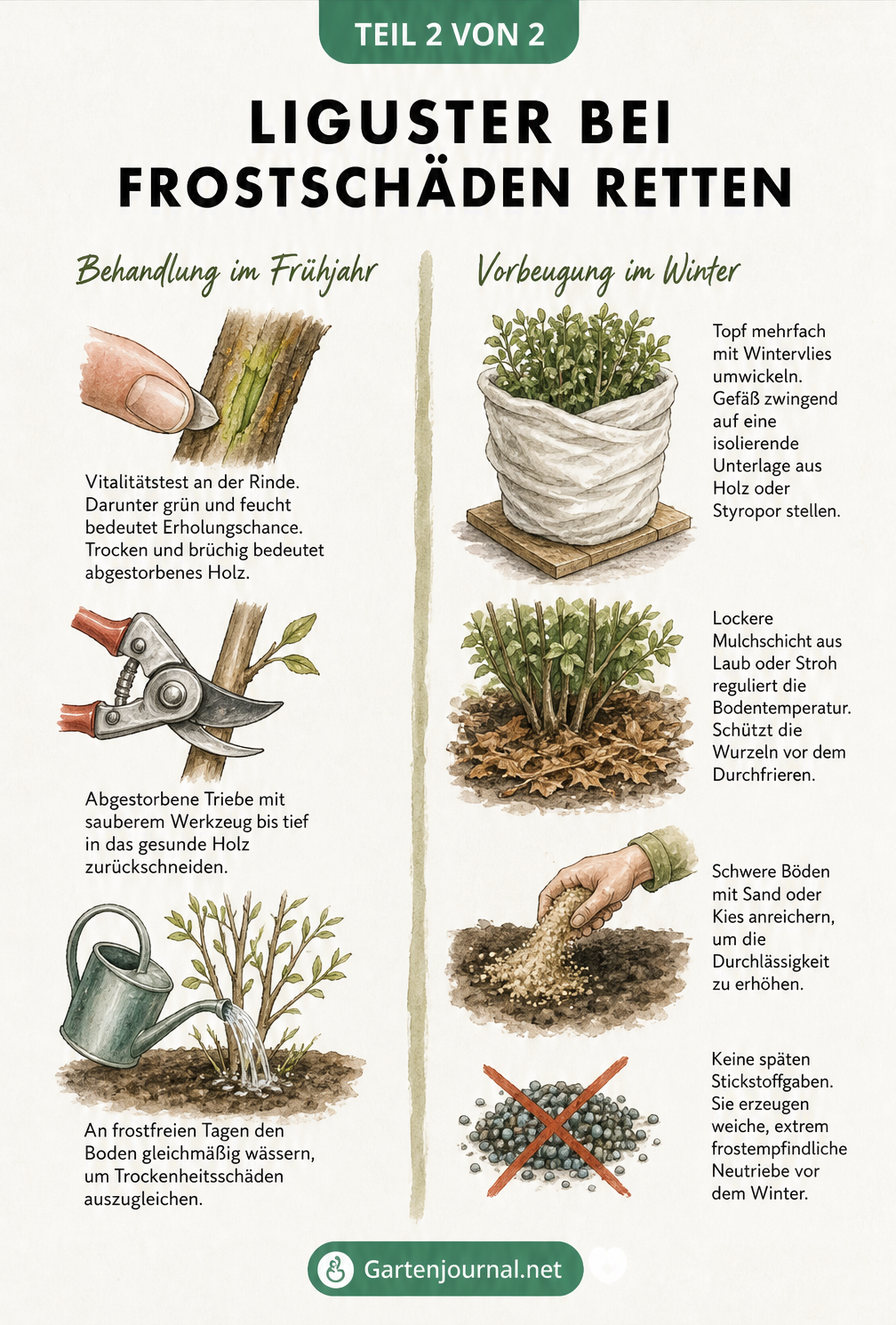 Zweiteilige Illustration zur Rettung von Liguster bei Frostschäden: Links die Behandlung durch Rückschnitt und Wässern, rechts die Vorbeugung mit Wintervlies...