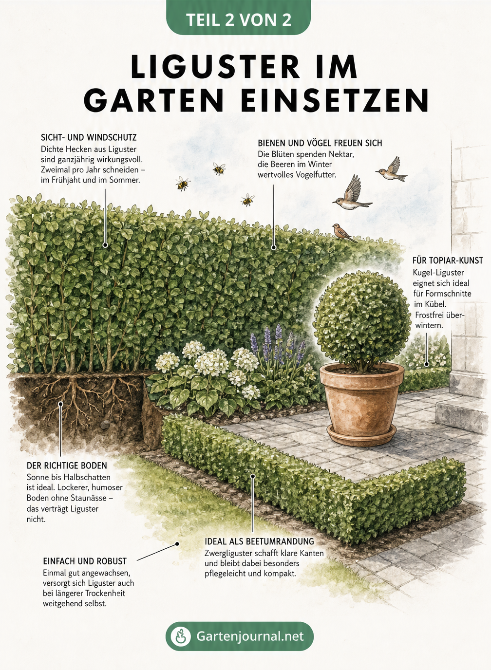 Isometrische Gartenskizze, die verschiedene Einsatzmöglichkeiten von Liguster als Hecke, Beetumrandung und Kübelpflanze zeigt