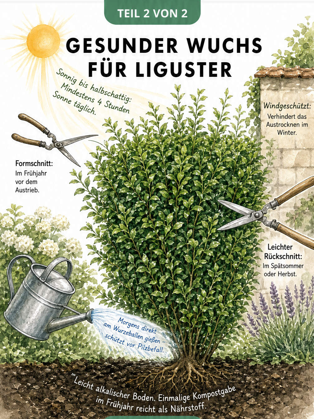 Illustration einer gesunden Ligusterhecke mit Tipps zu Standort, Schnitt, Boden und Bewässerung