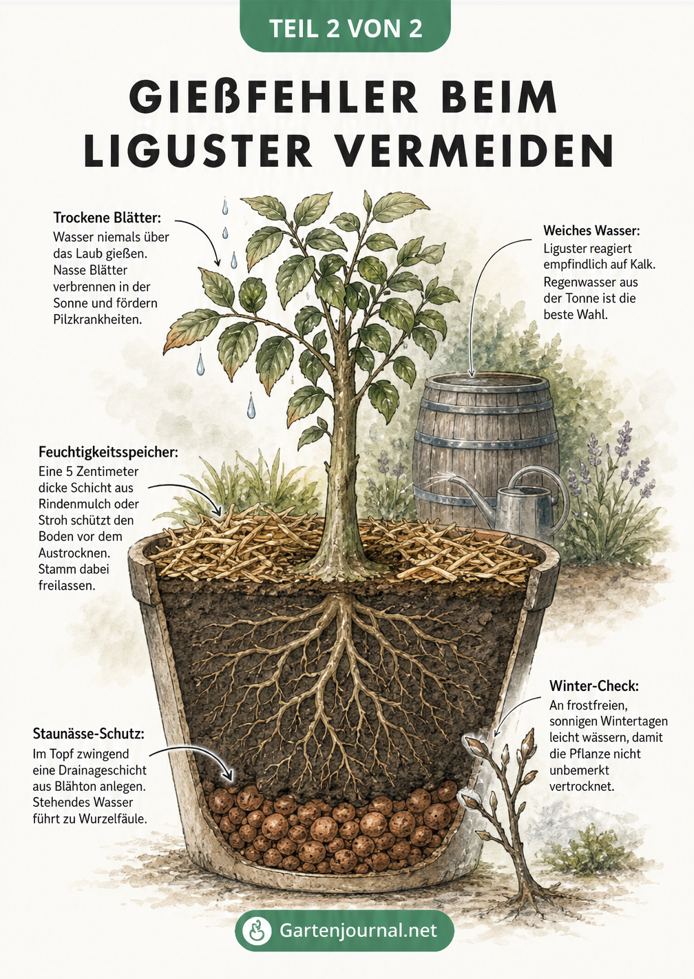 Skizze zur Vermeidung von Gießfehlern beim Liguster: Querschnitt eines Ligusters im Topf mit Drainageschicht, Mulchschicht und Regentonne im Hintergrund.