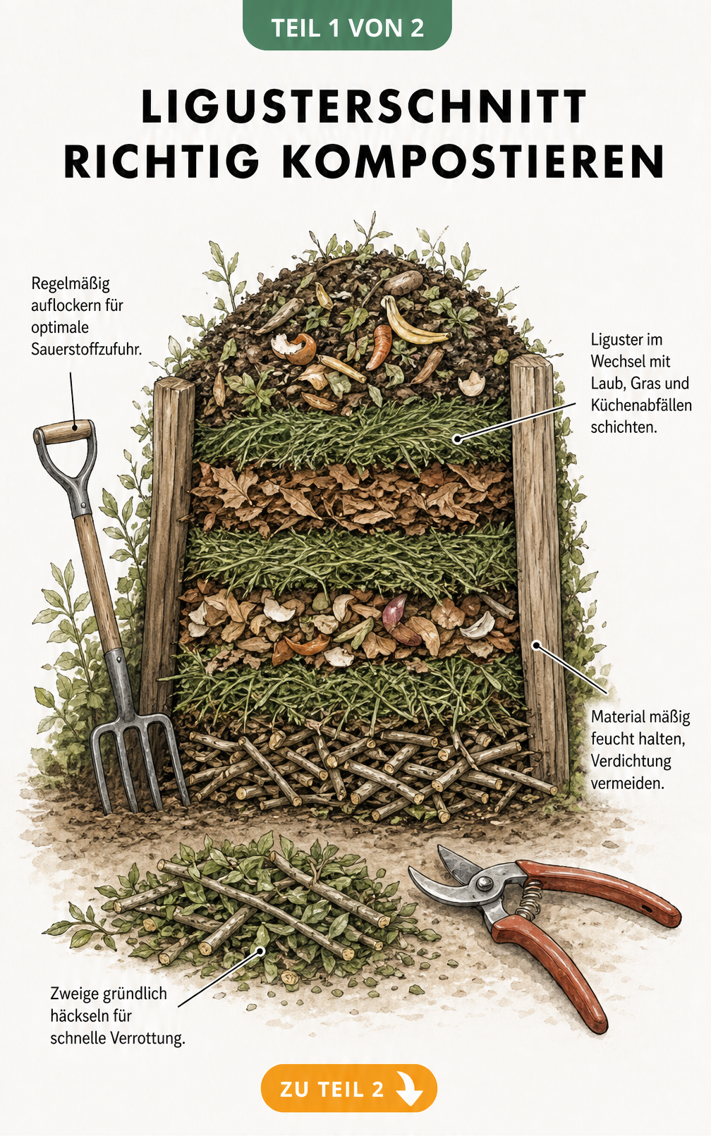 Illustration eines Komposthaufens mit gehäckselten Ligusterzweigen, Grasschnitt, Laub und Küchenabfällen