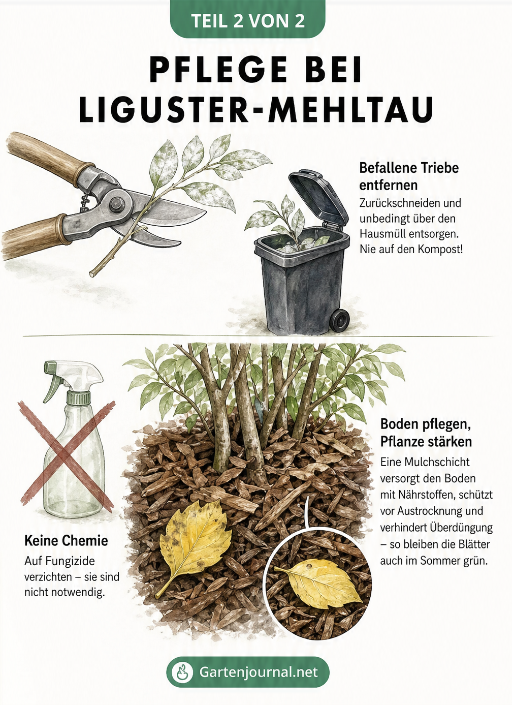 Illustration zur Pflege bei Liguster-Mehltau: Rückschnitt und Mulchen statt Chemie