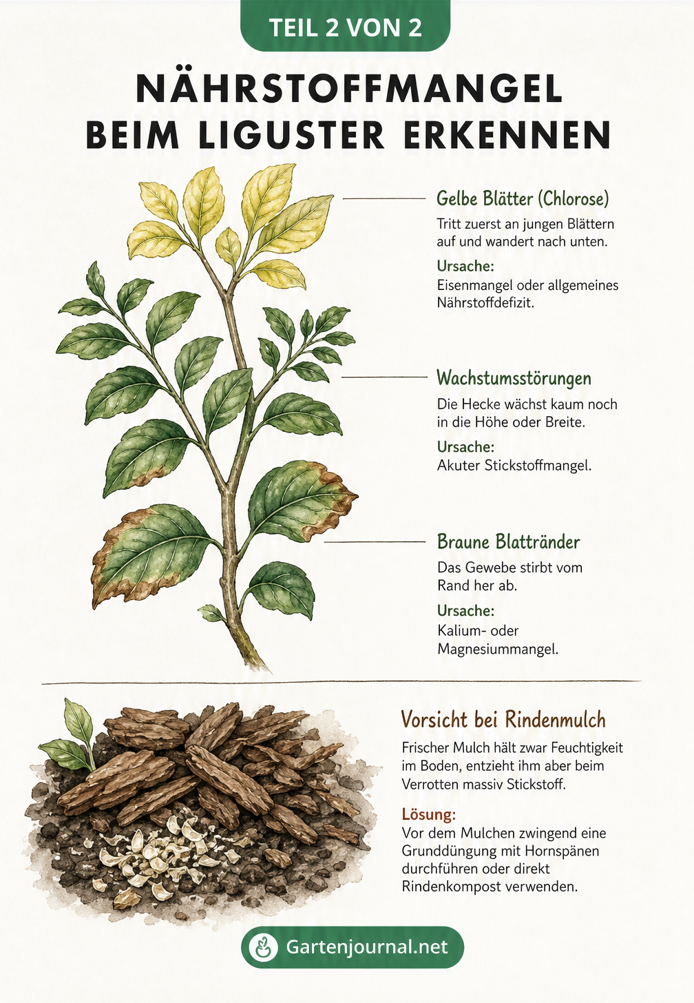 Botanische Illustration eines Ligusterzweigs, die Symptome von Nährstoffmangel wie gelbe Blätter, Wachstumsstörungen und braune Blattränder zeigt.