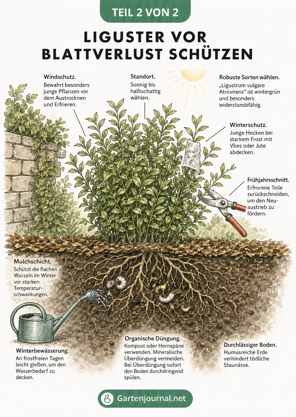 Querschnitt eines Gartenbeets mit einer gesunden Ligusterpflanze und Pflegemaßnahmen wie Windschutz, Mulchschicht und organischer Düngung
