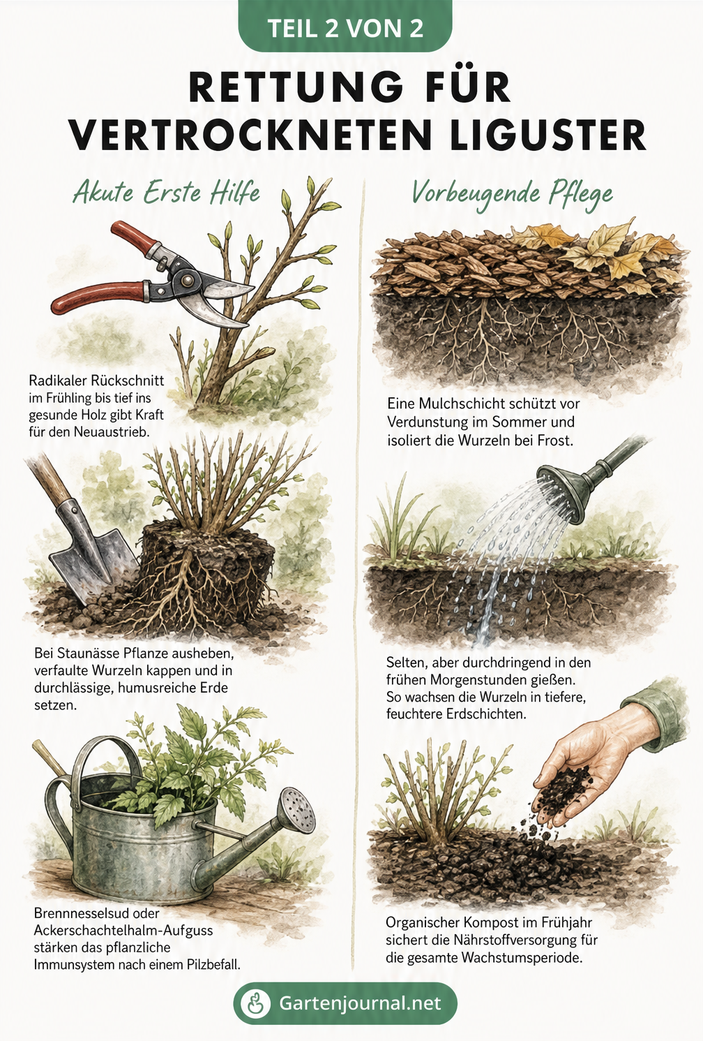 Illustration zur Rettung von Liguster mit Gartenschere, Spaten und Gießkanne sowie Tipps zur Bodenpflege