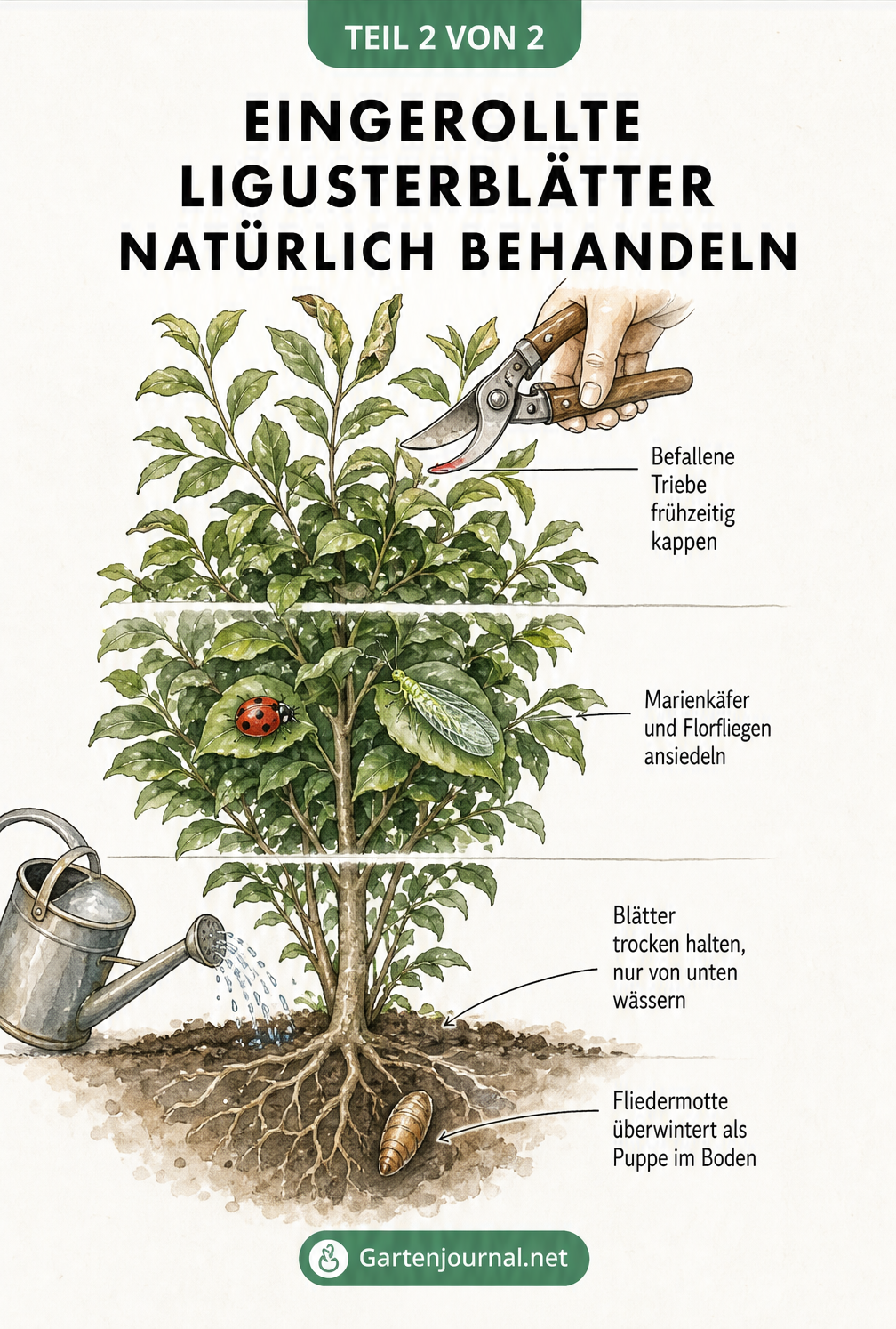 Natürliche Behandlung von eingerollten Ligusterblättern: Befallene Triebe abschneiden, Nützlinge wie Marienkäfer ansiedeln und die Pflanze nur von unten gießen.