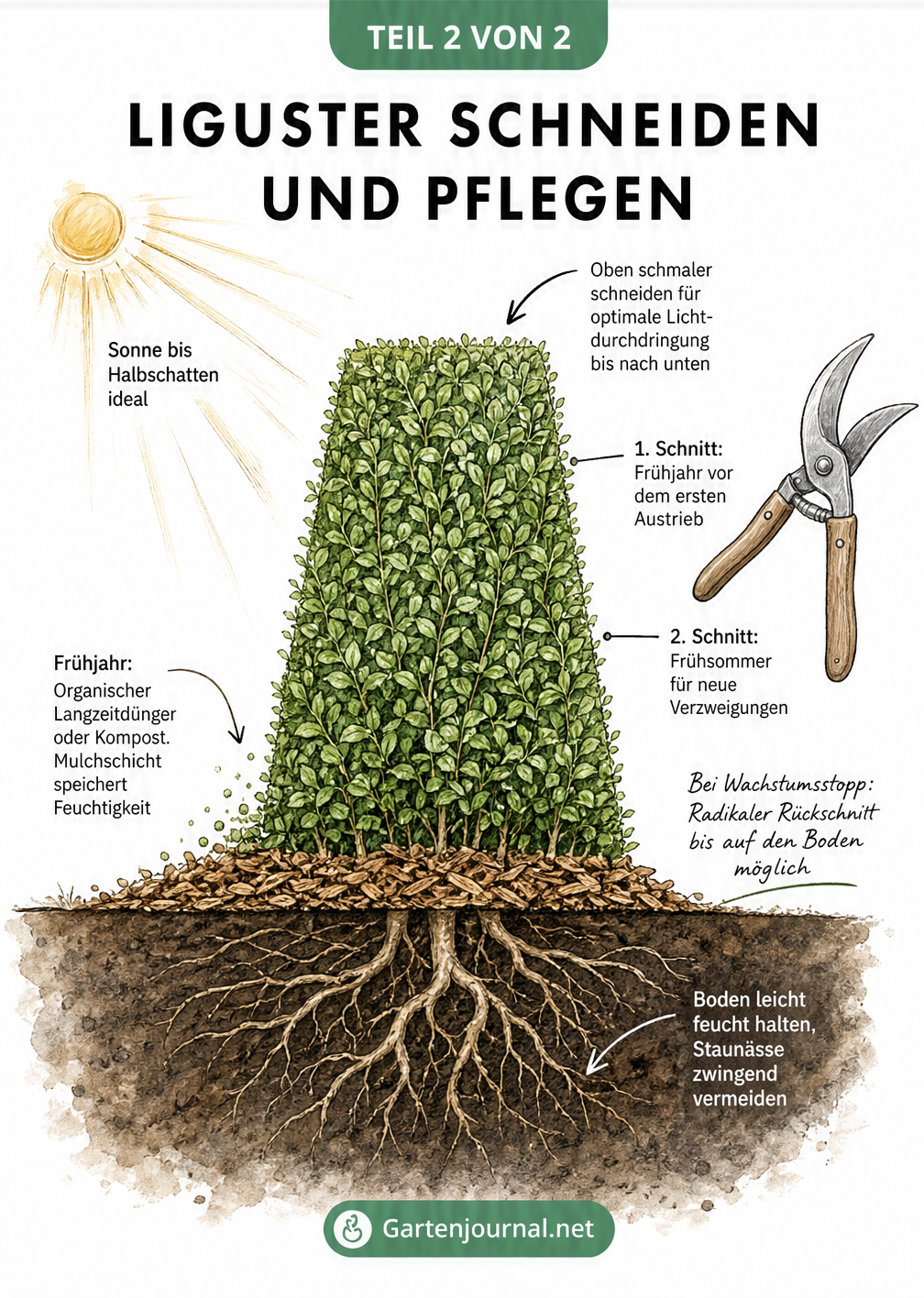 Querschnitt einer Ligusterhecke mit Tipps zu Schnitt, Licht und Pflege