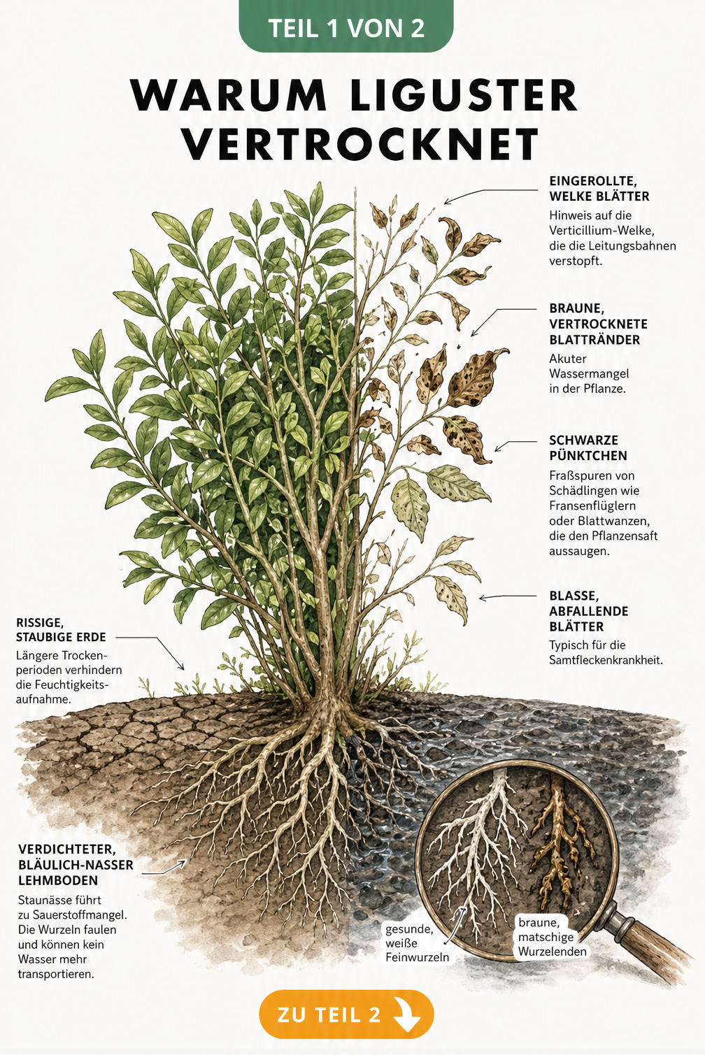 Botanische Schnittzeichnung eines Ligusterstrauchs mit Schadbildern wie welken Blättern und faulenden Wurzeln