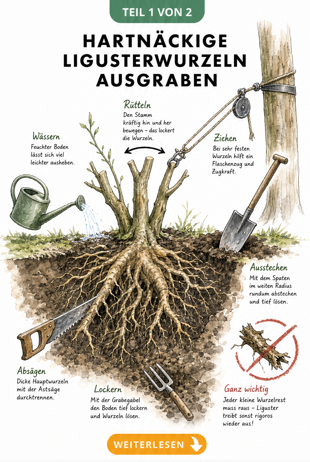 Querschnitt durch das Erdreich beim Ausgraben eines massiven Liguster-Wurzelstocks mit Spaten und Flaschenzug