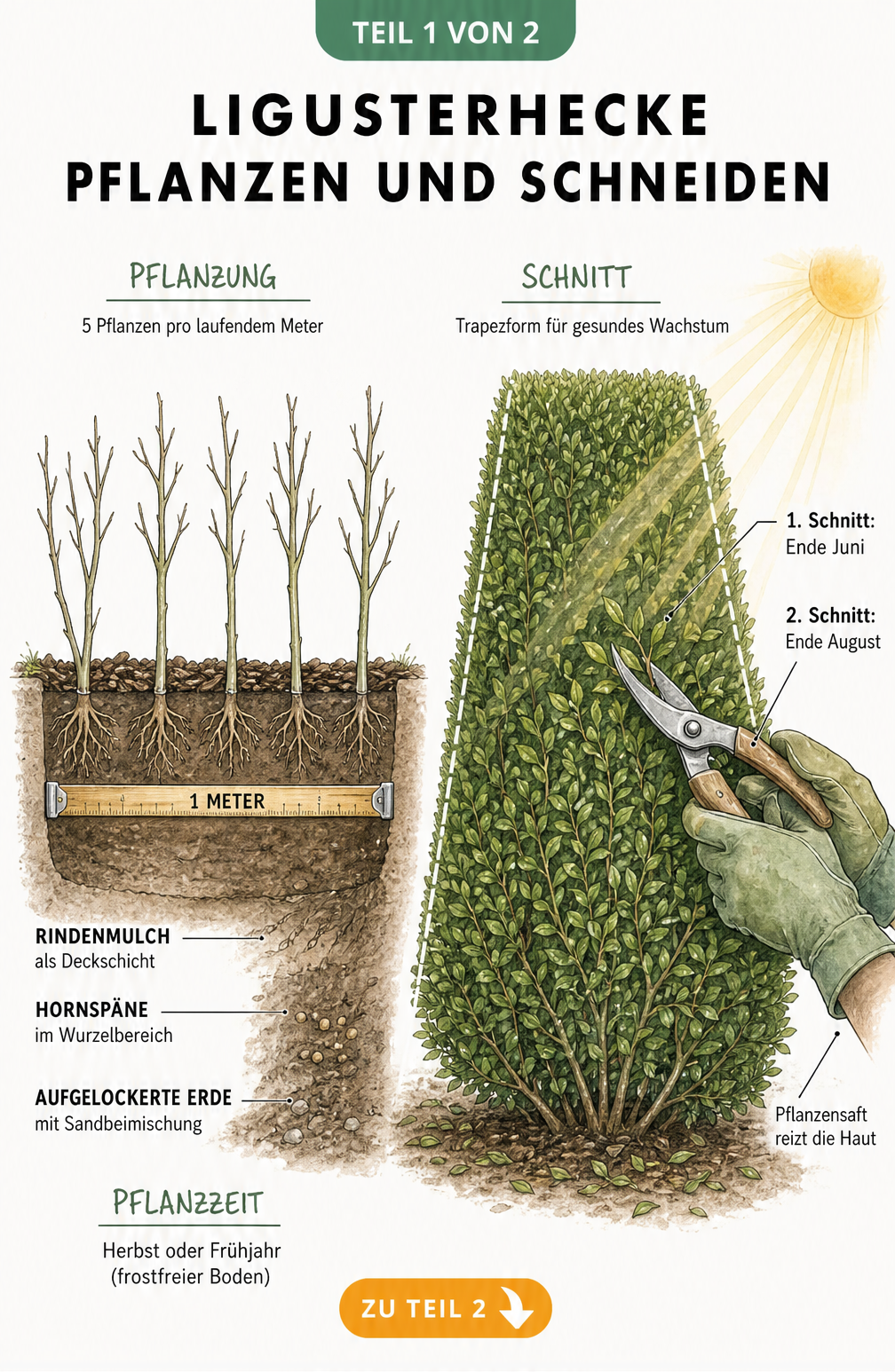 Illustration einer Ligusterhecke beim Pflanzen im Erdquerschnitt und beim korrekten Schnitt in Trapezform