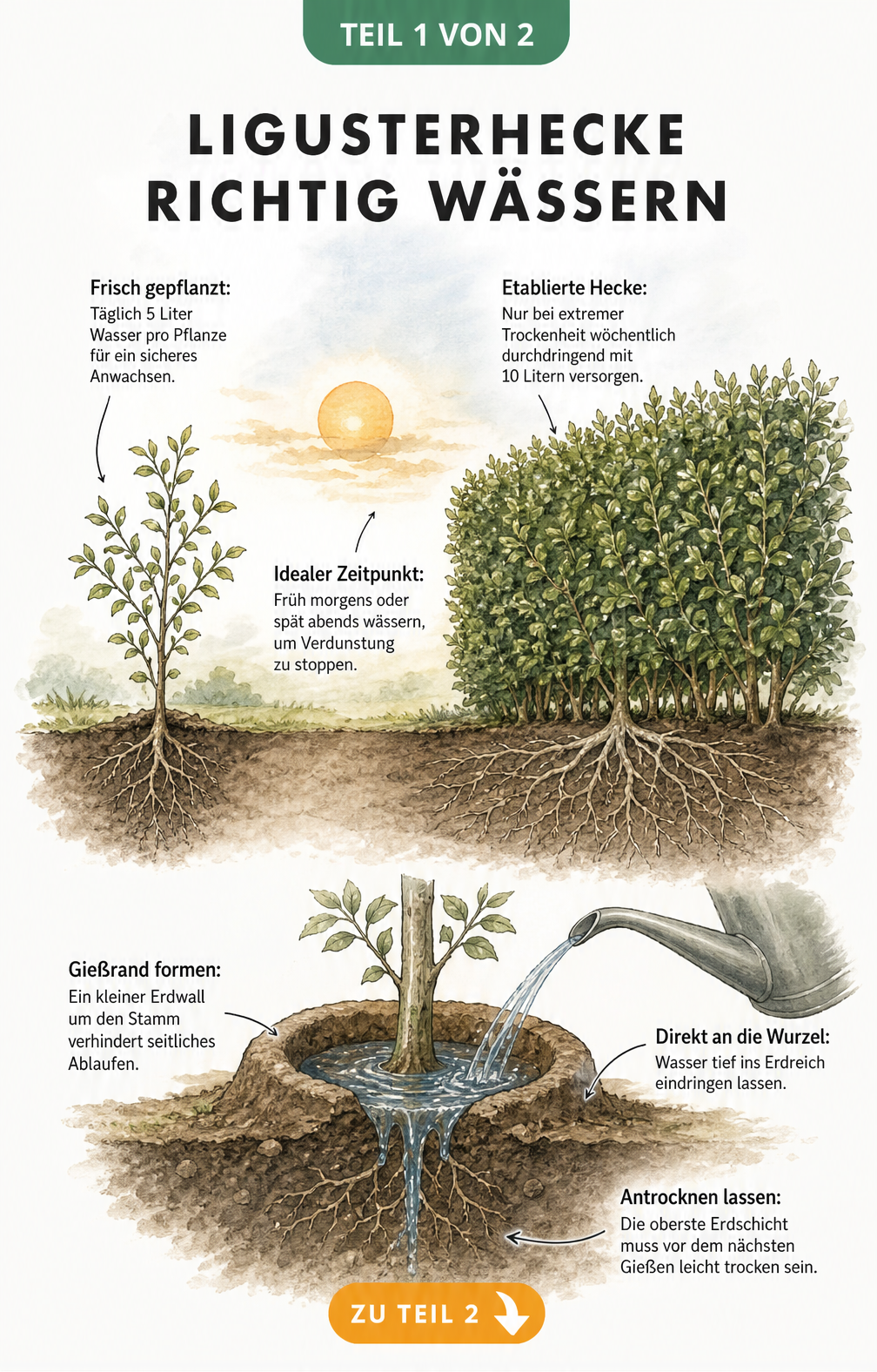 Illustration zur richtigen Bewässerung von Liguster: Vergleich zwischen frisch gepflanzter und etablierter Hecke sowie Querschnitt der Gießtechnik mit Erdwall.