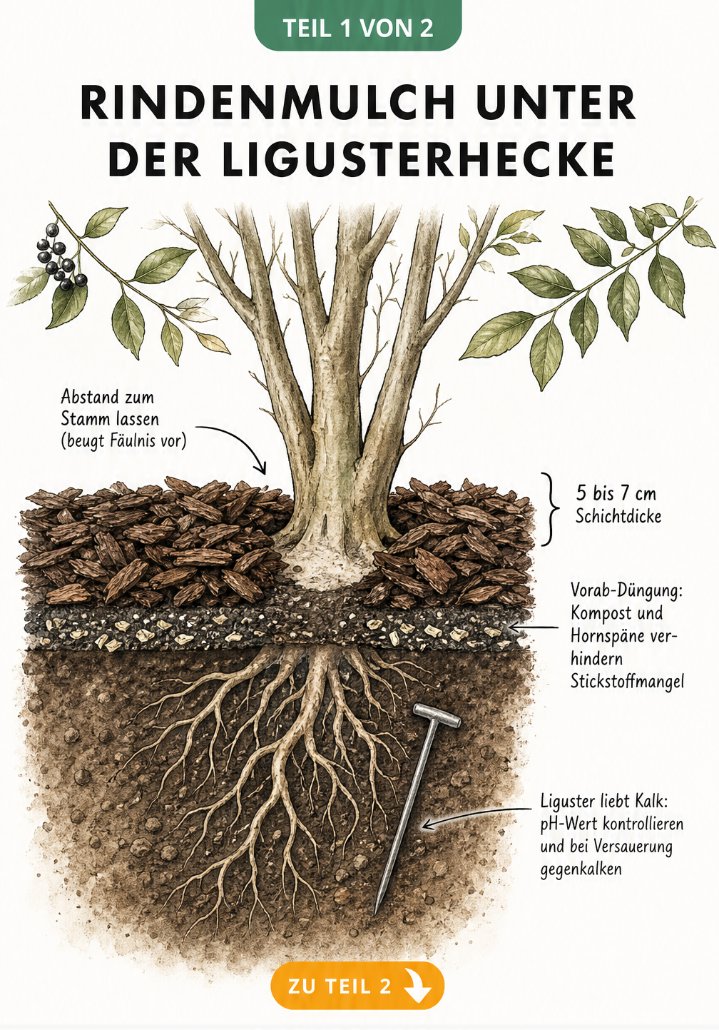 Botanische Querschnitt-Illustration einer Ligusterhecke mit Rindenmulch, die den richtigen Abstand zum Stamm, die Schichtdicke und die Vorab-Düngung zeigt.