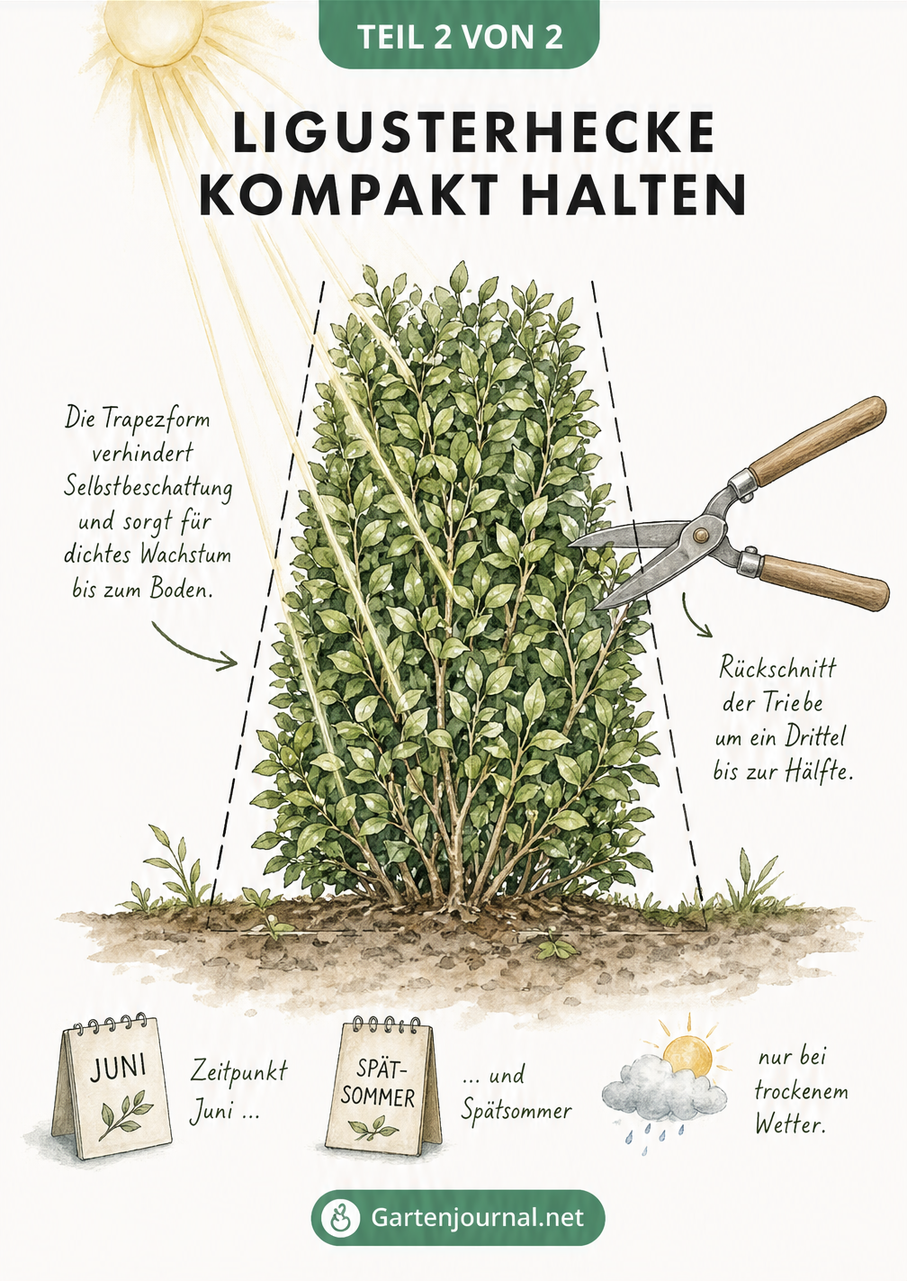 Illustration einer Ligusterhecke in Trapezform mit Gartenschere und Hinweisen zum Rückschnitt