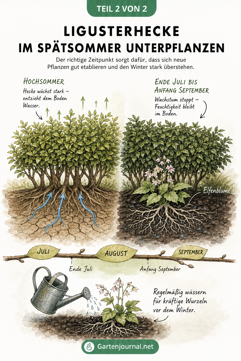 Zweigeteilte Illustration einer Ligusterhecke im Hochsommer und Spätsommer mit Fokus auf Bodenfeuchtigkeit und Wurzelwachstum
