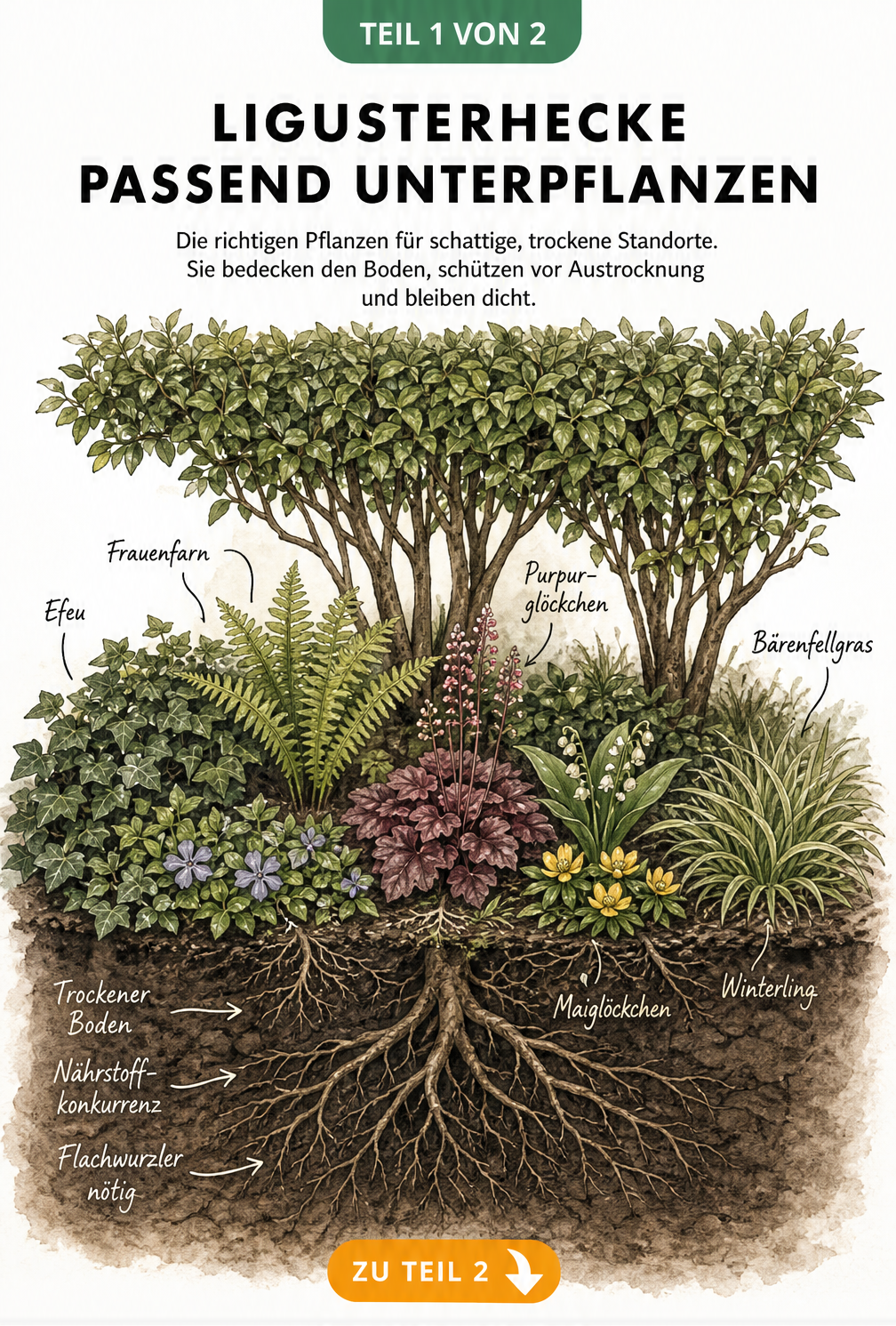 Botanische Querschnitt-Illustration einer Ligusterhecke mit Unterpflanzung wie Efeu, Frauenfarn und Purpurglöckchen
