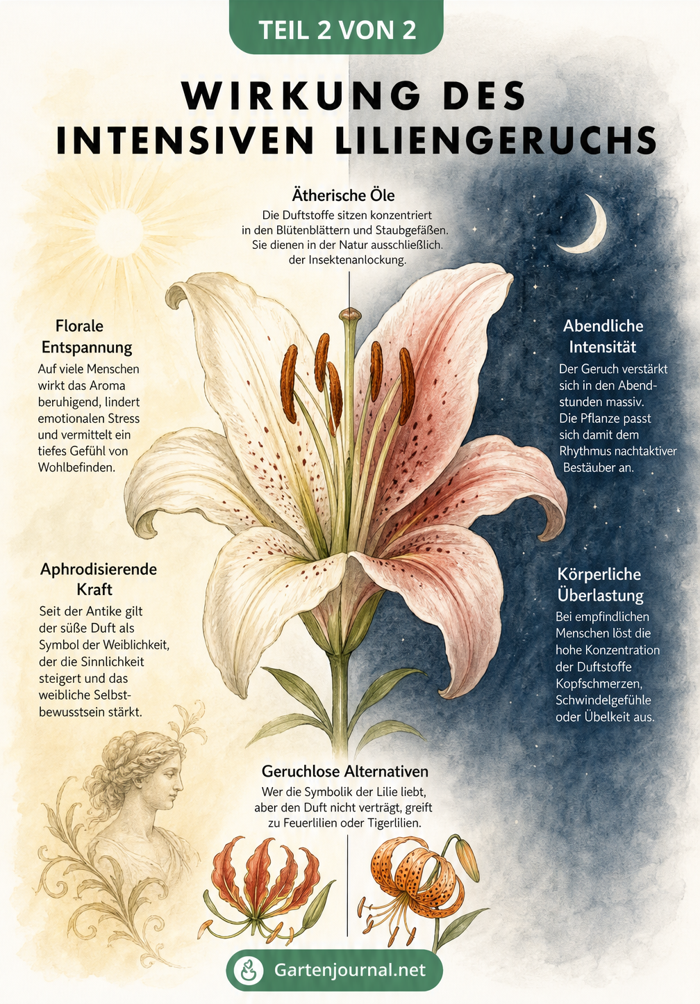 Illustration einer halb geöffneten Lilienblüte, die die biologischen Ursachen und menschlichen Reaktionen auf den Duft bei Tag und Nacht zeigt