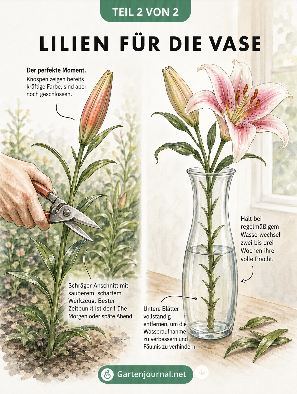 Illustration einer Lilie im Beet beim Anschnitt mit einer Gartenschere und in einer Glasvase mit entferntem unteren Laub.