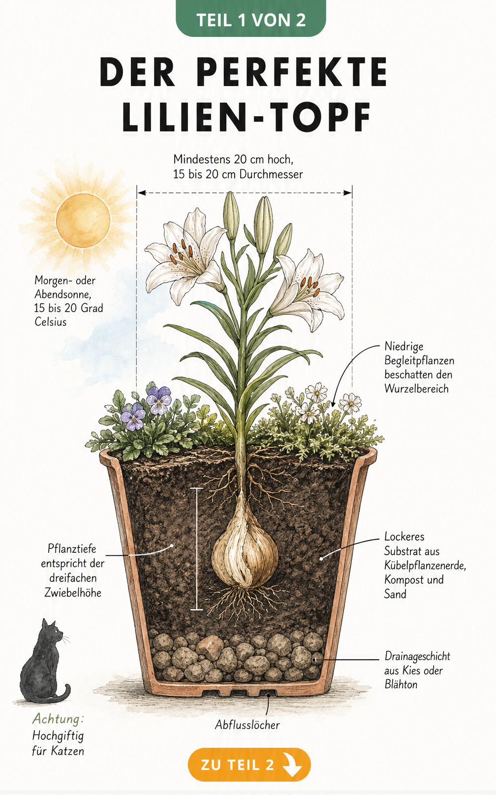 Botanische Schnittzeichnung eines bepflanzten Blumentopfs mit einer Lilienzwiebel, Drainageschicht und Begleitpflanzen.