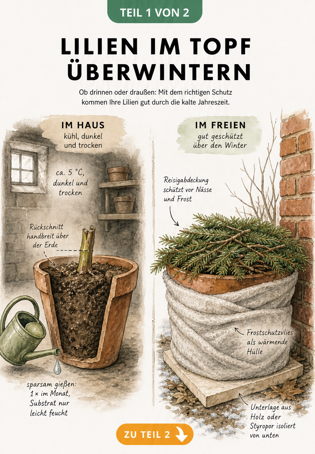 Illustration der Überwinterung von Topflilien im Innenraum und im Freien mit Schutzmaßnahmen