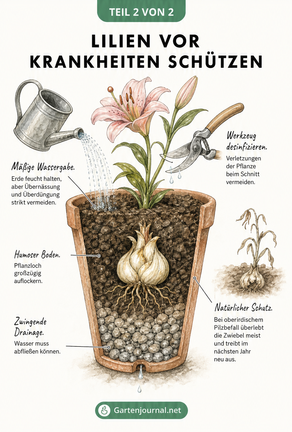 Querschnitt durch einen bepflanzten Terrakotta-Topf mit einer Lilienzwiebel, der Drainage, humosen Boden und mäßiges Gießen zeigt.