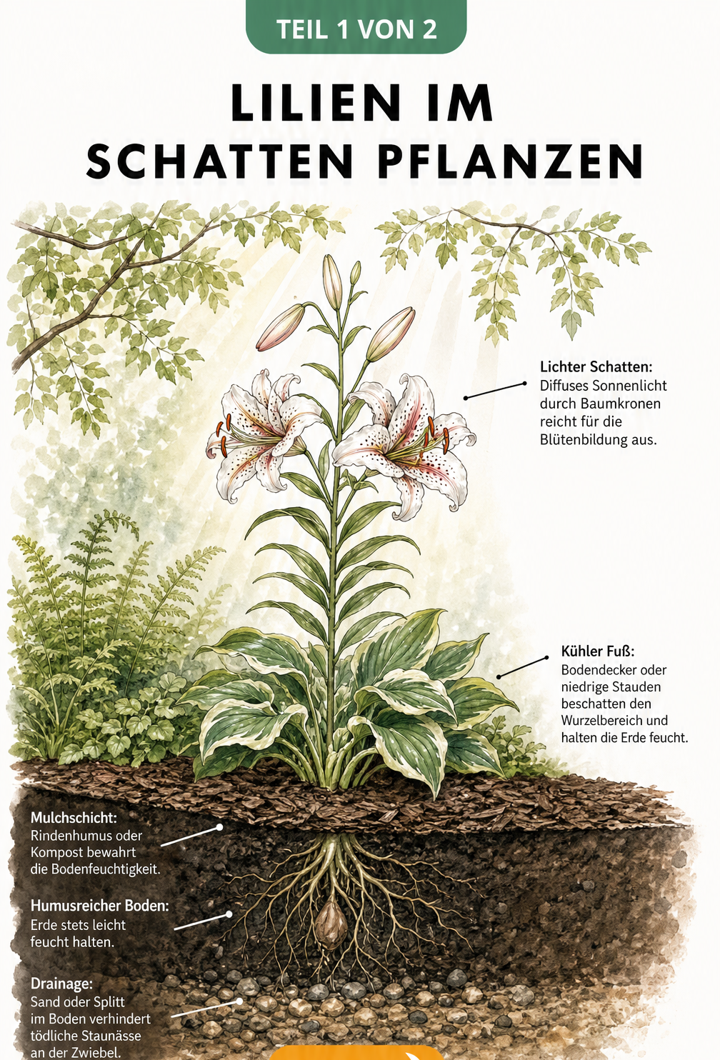 Querschnitt eines Gartenbeets mit einer blühenden Lilie, die im lichten Schatten wächst, mit Bodendeckern, Mulchschicht und Drainage.