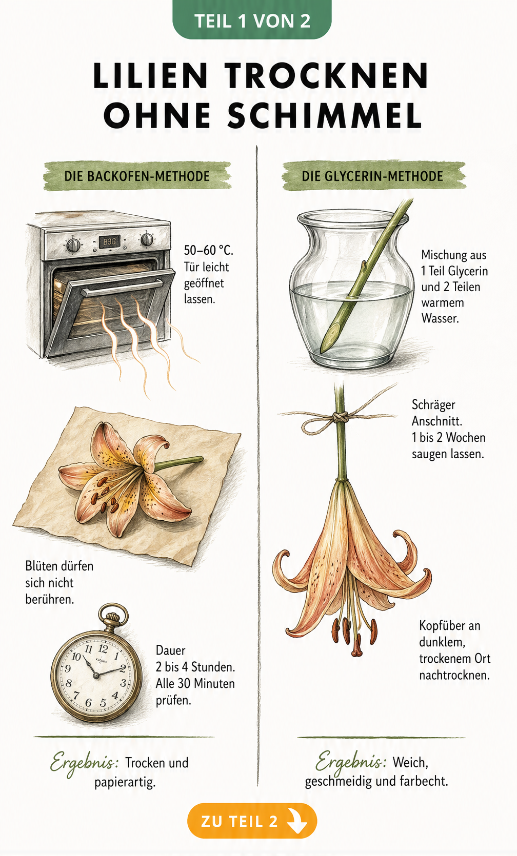 Illustration von zwei Methoden zum Trocknen von Lilien: Backofen-Methode und Glycerin-Methode im botanischen Skizzen-Stil.