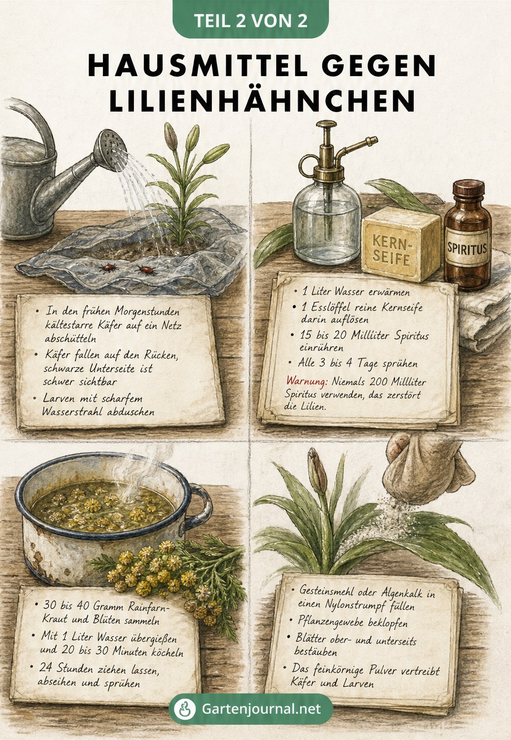 Illustration von vier Hausmitteln gegen Lilienhähnchen: Abduschen, Seife-Spiritus-Lösung, Rainfarn-Sud und Gesteinsmehl