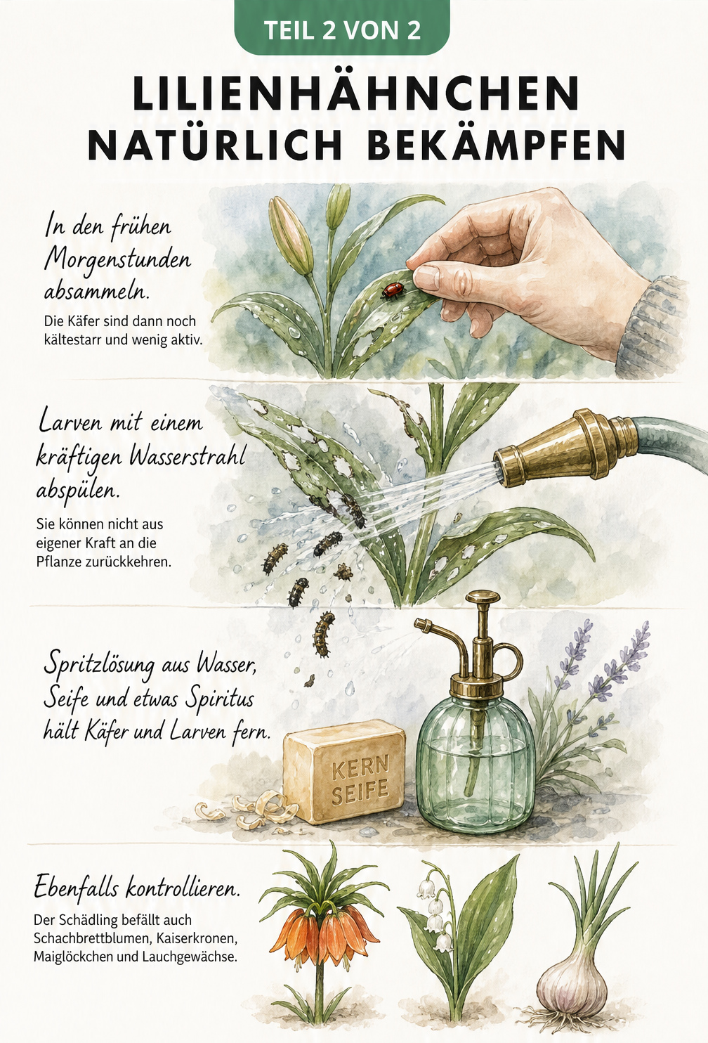Illustrationen zur natürlichen Bekämpfung von Lilienhähnchen durch Absammeln, Abspülen und Spritzlösung