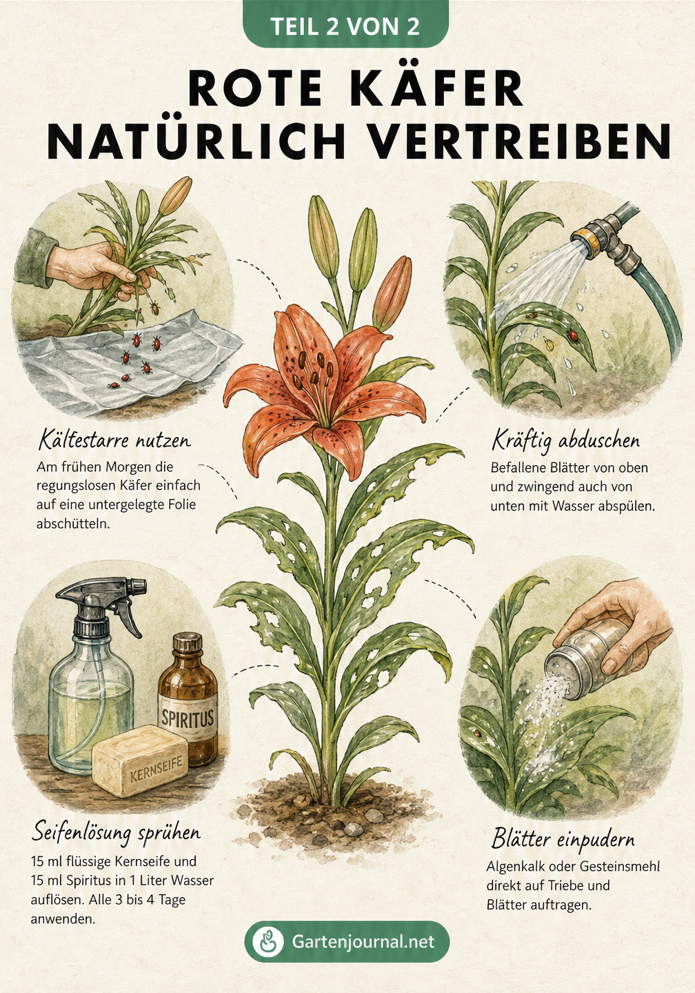 Illustration natürlicher Methoden zur Bekämpfung von Lilienhähnchen: Kältestarre nutzen, kräftig abduschen, Seifenlösung sprühen und Blätter einpudern.