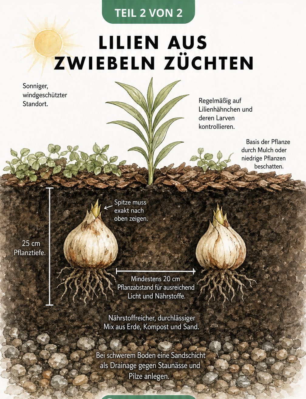 Querschnitt durch den Erdboden mit eingepflanzten Lilienzwiebeln