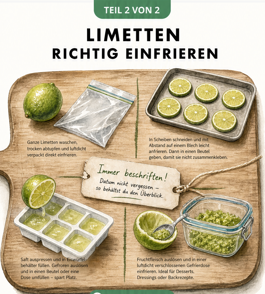 Illustration von vier Methoden zum Einfrieren von Limetten: ganz, in Scheiben, als Saftwürfel und als Fruchtfleisch.