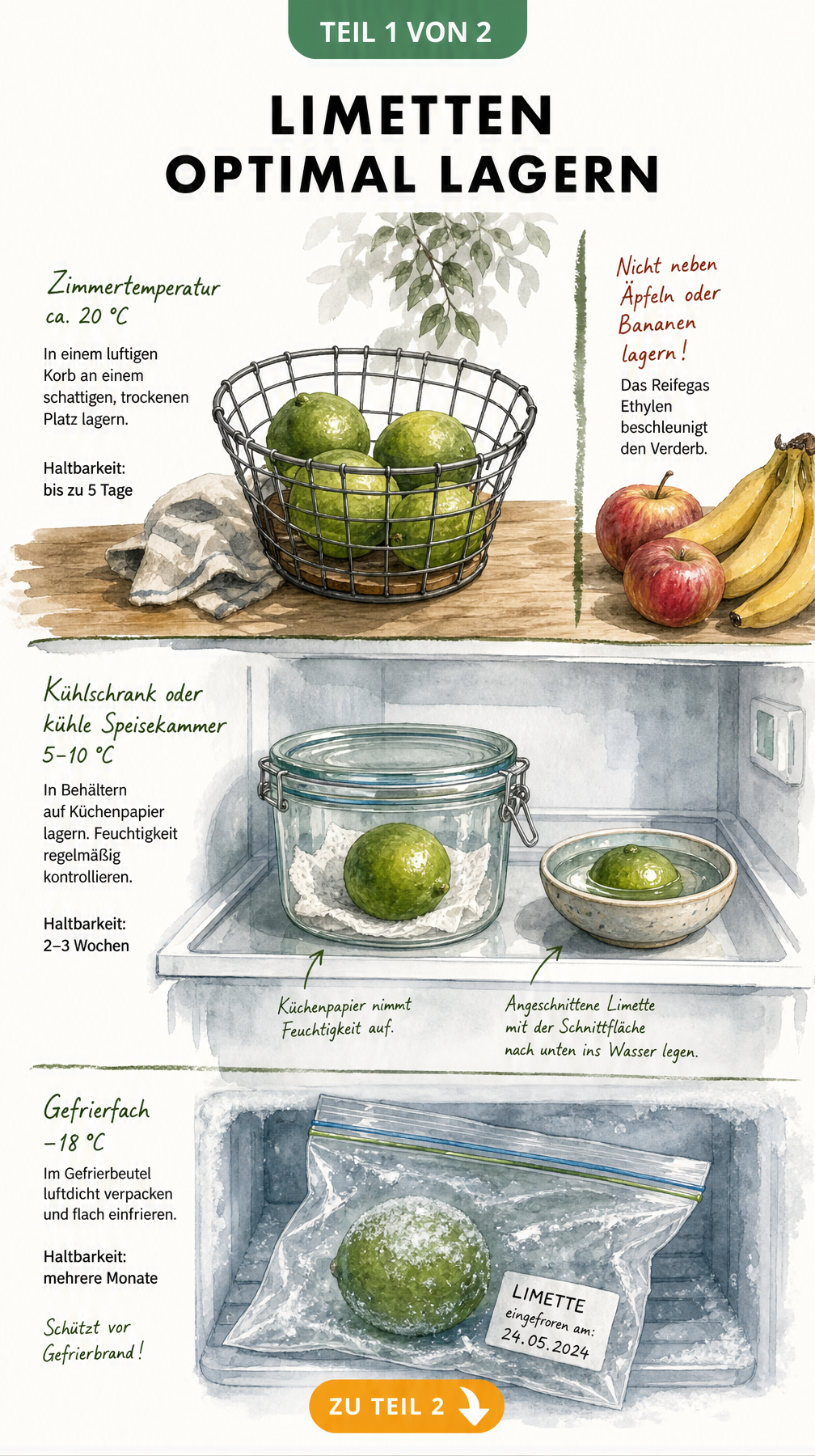 Illustration von drei Temperaturzonen zur Lagerung von Limetten: Zimmertemperatur, Kühlschrank und Gefrierfach.