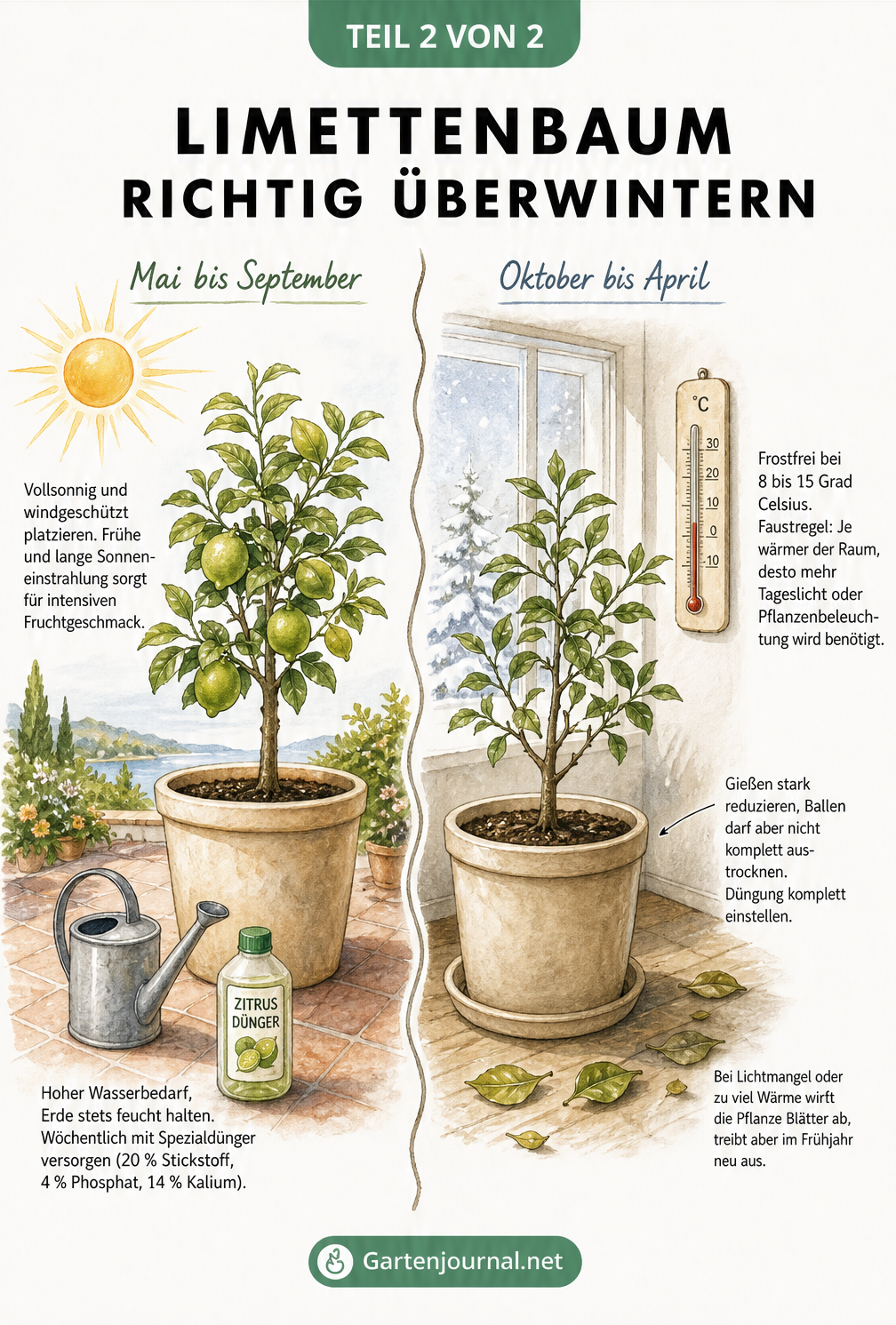 Zweigeteilte Illustration eines Limettenbaums: links auf sonniger Sommerterrasse, rechts im kühlen Winterquartier