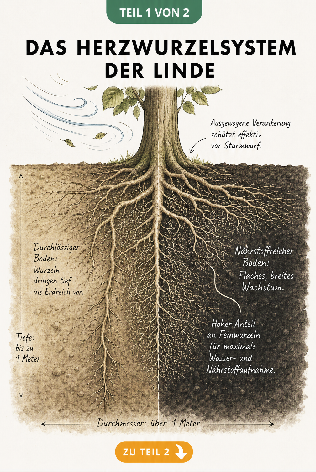 Botanische Illustration des Herzwurzelsystems einer Linde im Erdschnitt, die das tiefe Wachstum in durchlässigem Boden und das flache Wachstum in...