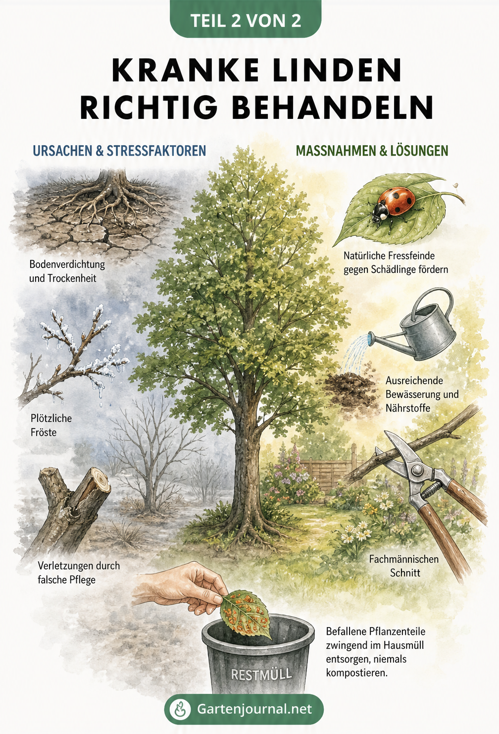 Zweiteilige Illustration: Links Stressfaktoren wie Trockenheit und Frost, rechts Maßnahmen wie Bewässerung, Nützlinge und fachmännischer Schnitt.