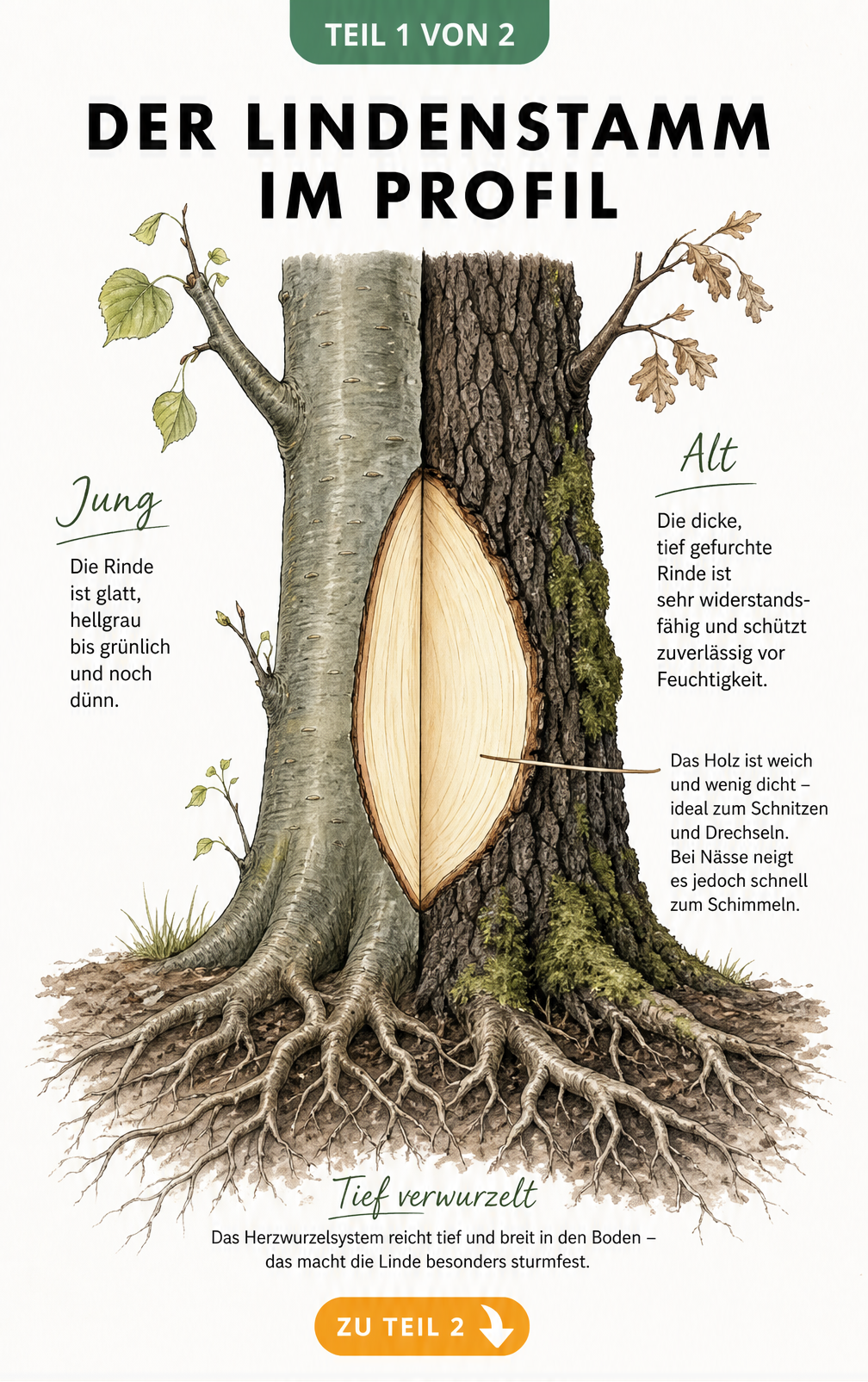 Botanische Illustration eines Lindenstamms, der links junge, glatte Rinde und rechts alte, rissige Rinde zeigt, mit Blick auf das helle Holz und das tiefe...