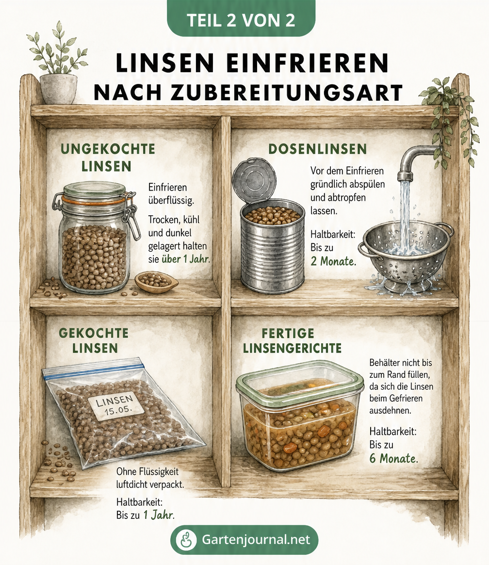 Übersicht zur Haltbarkeit verschiedener Linsenarten im Gefrierschrank: ungekochte Linsen, Dosenlinsen, gekochte Linsen und fertige Linsengerichte.