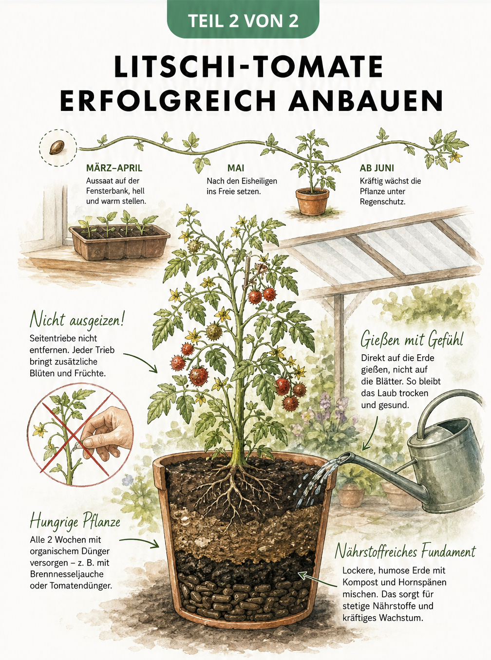 Illustration zum Anbau der Litschi-Tomate im Kübel mit Regenschutz, Zeitstrahl und Pflegetipps
