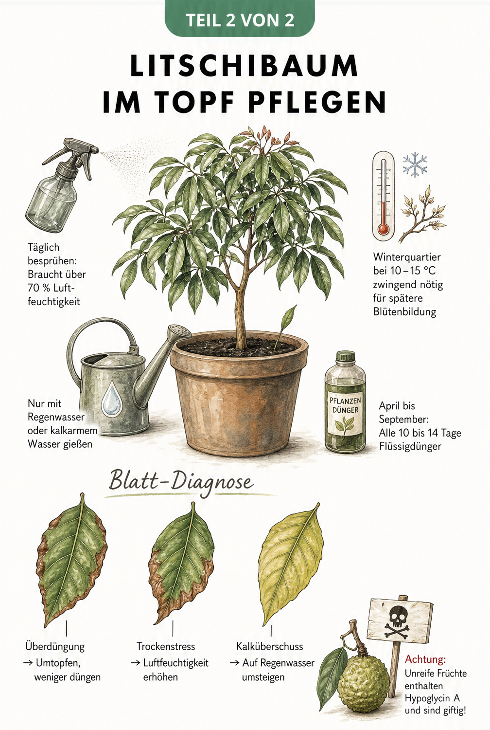 Illustration eines Litschibaums im Topf mit Pflegehinweisen zu Gießen, Düngen, Luftfeuchtigkeit und Blatt-Diagnose