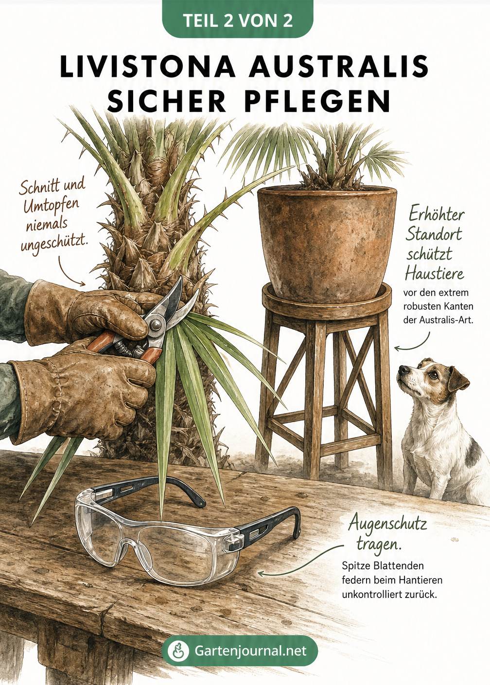 Gärtnerhände mit Lederhandschuhen und Gartenschere am bestachelten Stamm einer Livistona Australis