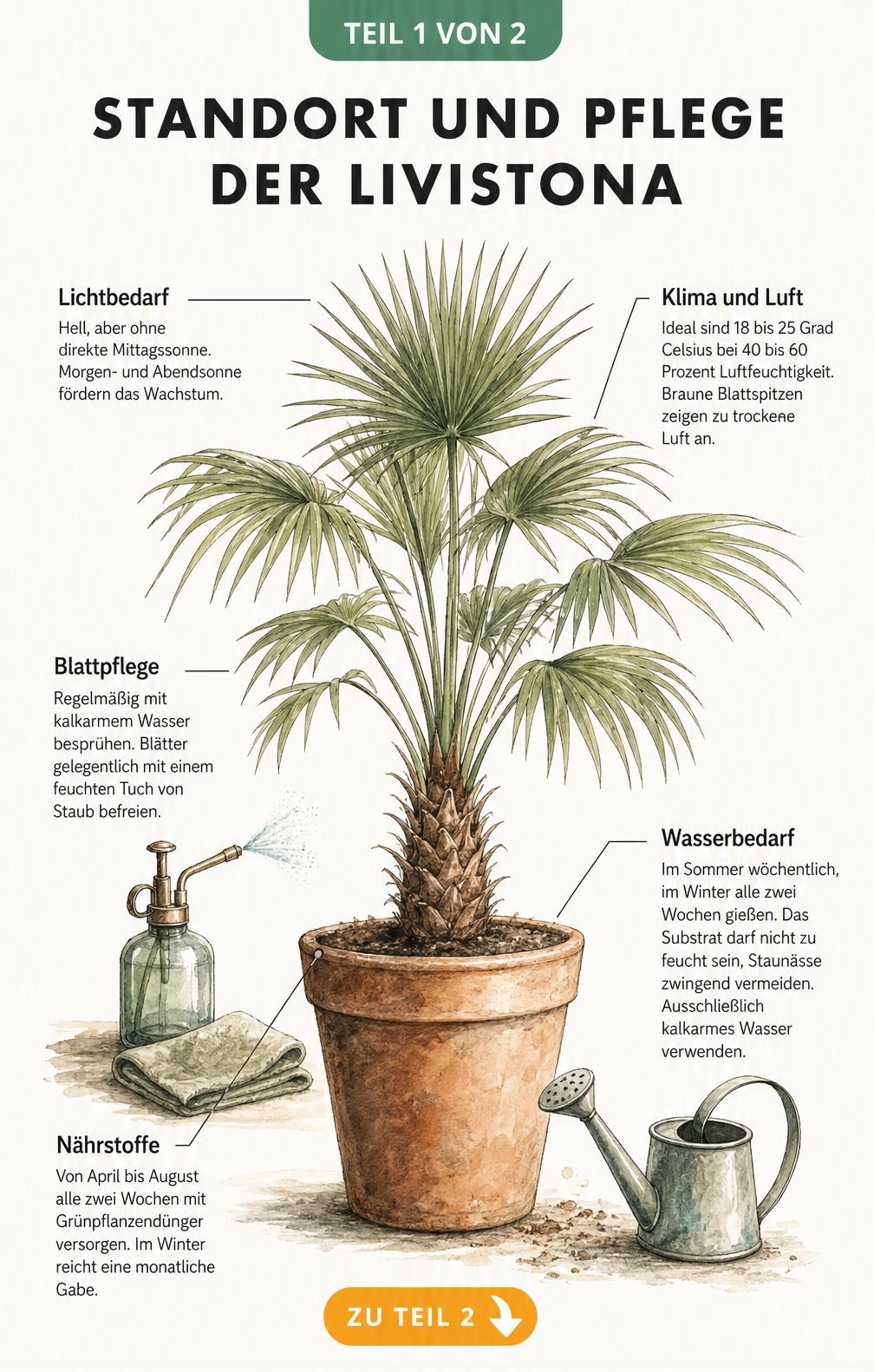 Botanische Illustration einer Livistona im Topf mit Pflegehinweisen zu Licht, Klima, Wasser und Nährstoffen