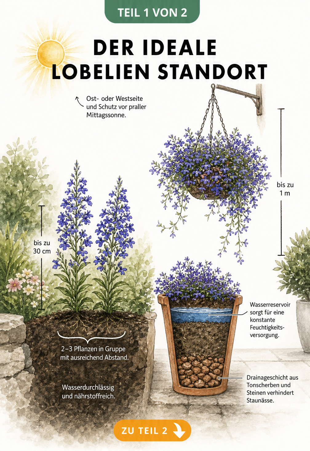 Illustration eines idealen Lobelien-Standorts im Gartenbeet mit Angaben zu Licht, Boden und Pflanzabstand