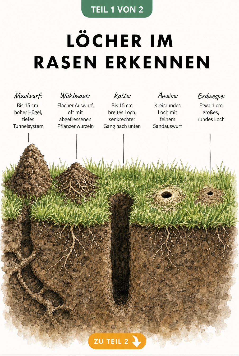 Erdquerschnitt mit fünf typischen Schadbildern im Rasen durch Maulwurf, Wühlmaus, Ratte, Ameise und Erdwespe