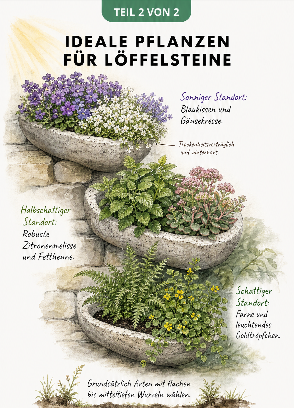Drei Löffelsteine mit Pflanzen für sonnige, halbschattige und schattige Standorte