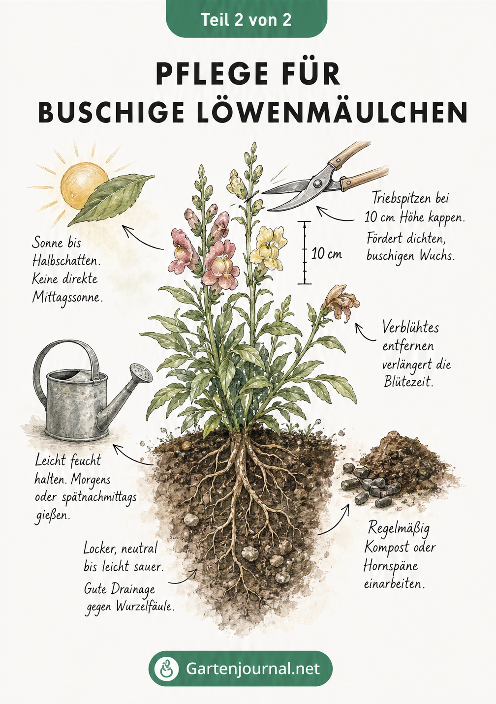 Skizze zur Pflege von Löwenmäulchen, die das Kappen der Triebspitzen, Standortbedingungen und Bodenansprüche zeigt.
