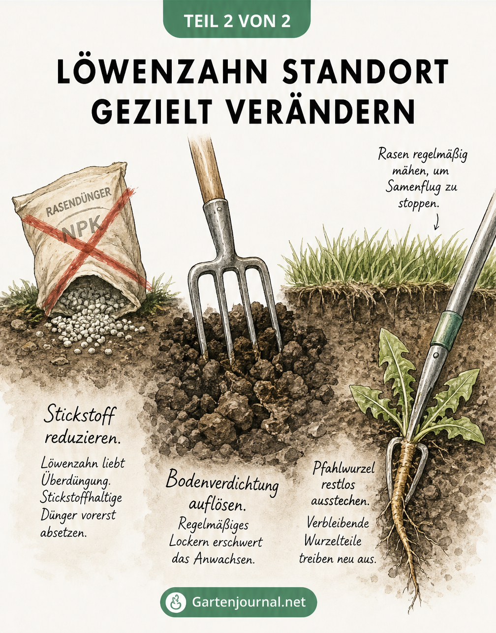 Illustration zur gezielten Veränderung des Löwenzahn-Standorts durch Reduzierung von Stickstoff, Bodenlockerung mit einer Grabegabel und Ausstechen der...