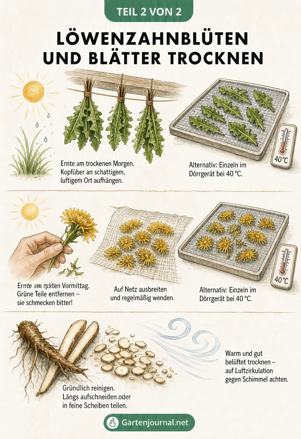 Handgezeichnete Tafel zeigt das Trocknen von Löwenzahnblättern, Blüten und Wurzeln an der Luft und im Dörrgerät
