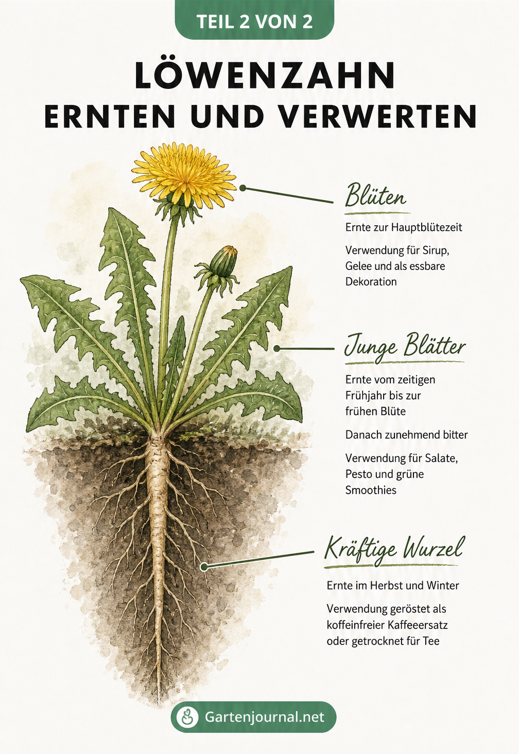 Botanische Illustration einer Löwenzahnpflanze mit Blüte, Blättern und Pfahlwurzel