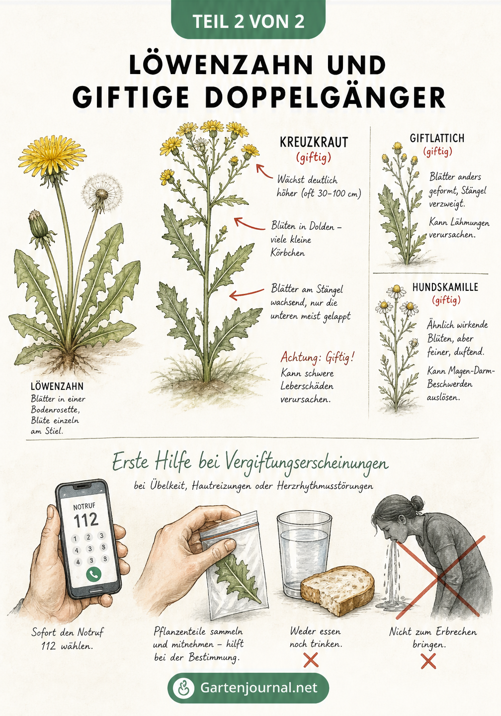 Vergleich von Löwenzahn und giftigem Kreuzkraut sowie Erste-Hilfe-Maßnahmen bei Vergiftungen
